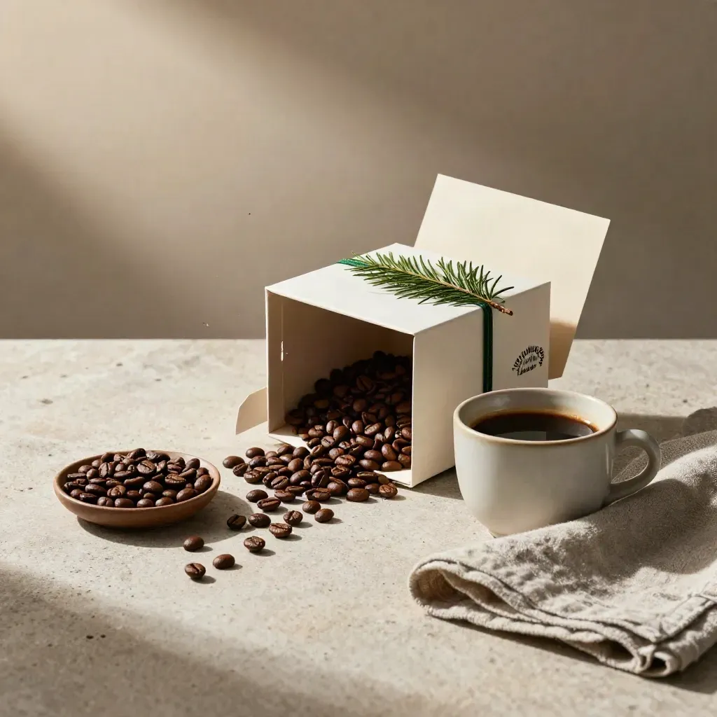 Presentbox med kaffe, kopp, bönor och linneservett på ljus sten