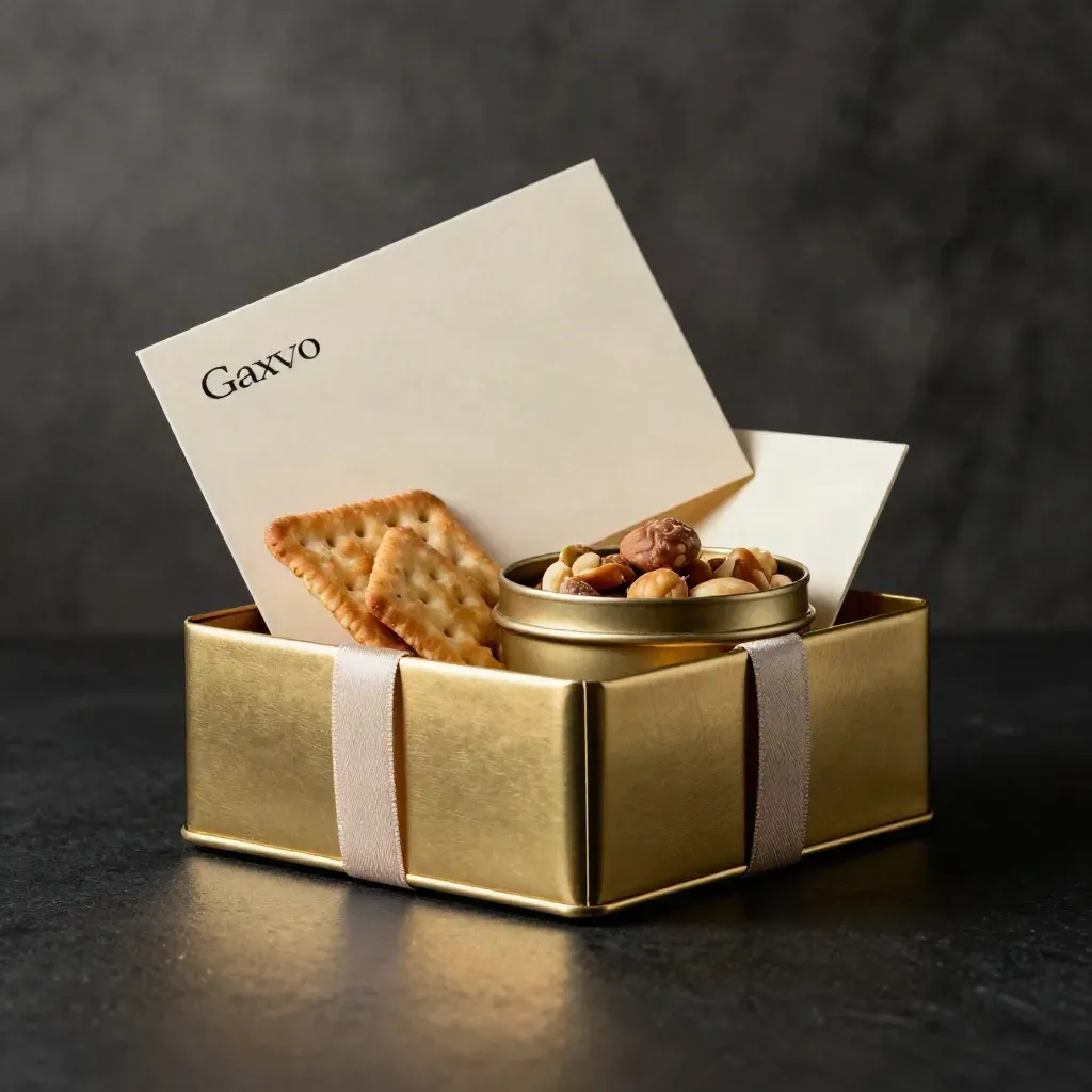 Kontorsgåva med snacks på svart yta med guldskimrande tin och kort bakom