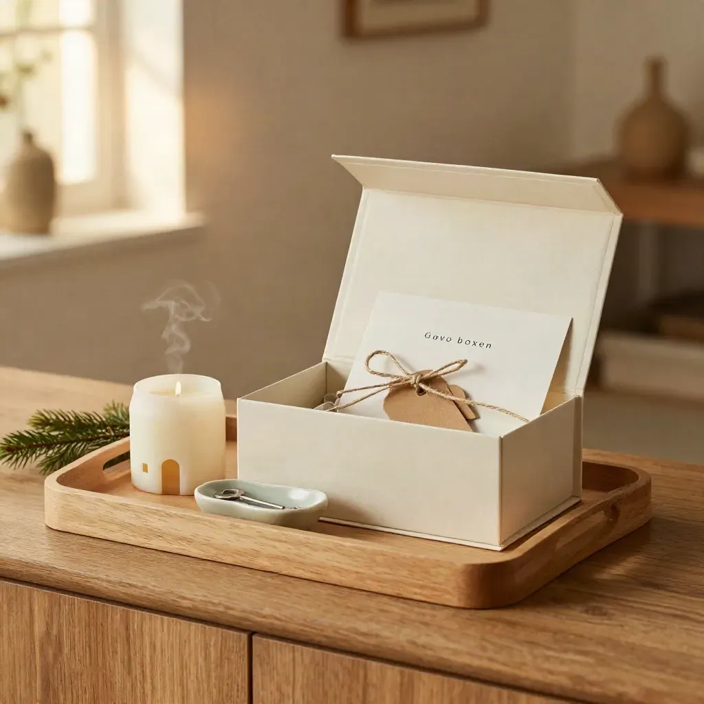 Presentbox med husljus och nyckelskål på ljus träyta, mjukt dagsljus.