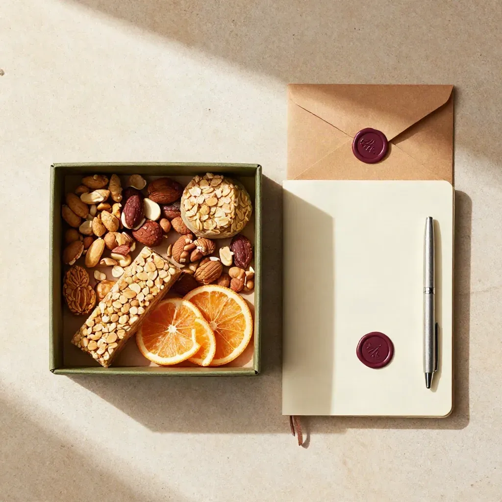 Studentbox med energisnacks, anteckningsbok, penna och kuvert i en luftig flatlay.