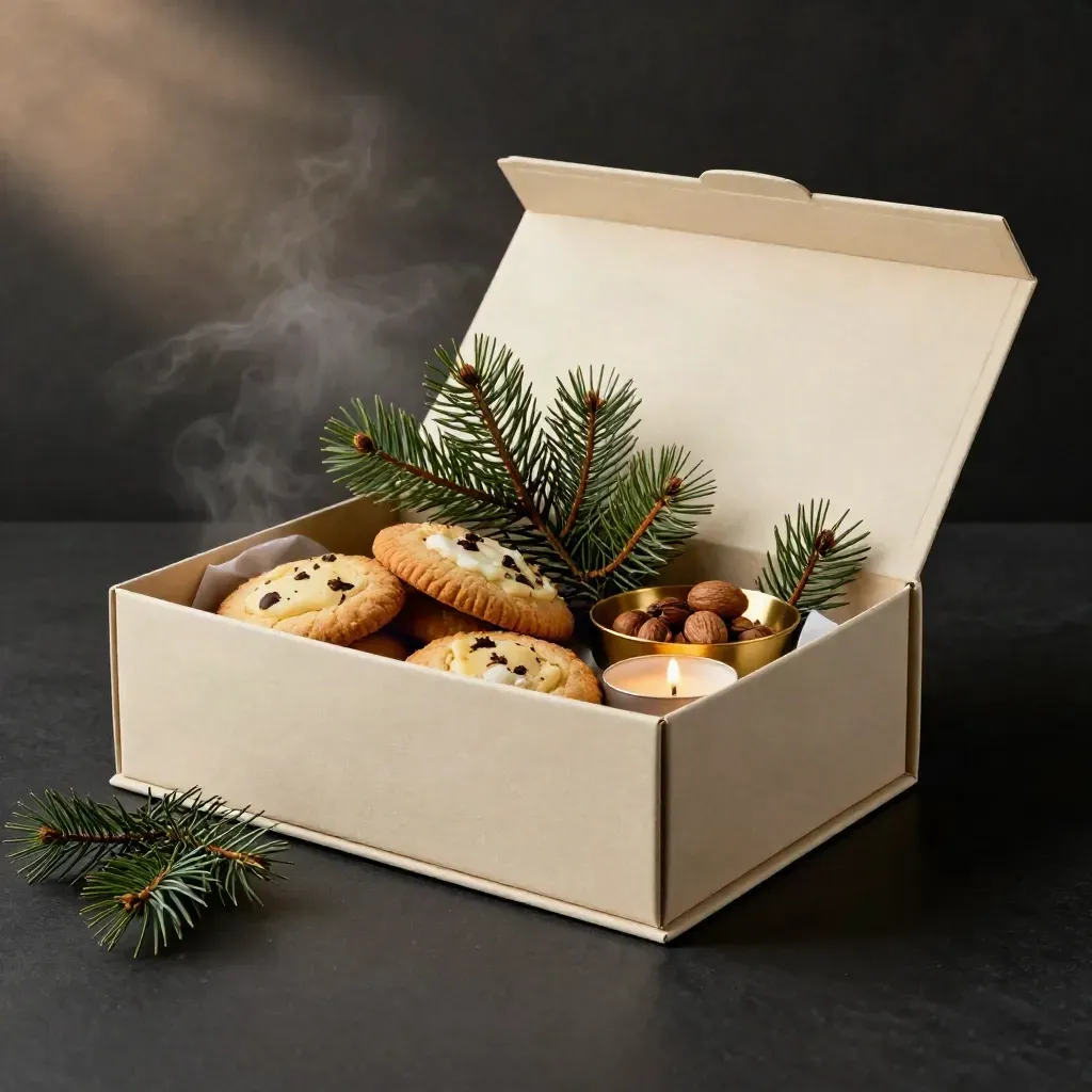 Mörk adventsbox med kakor, nötter, ljus och granris på svart yta