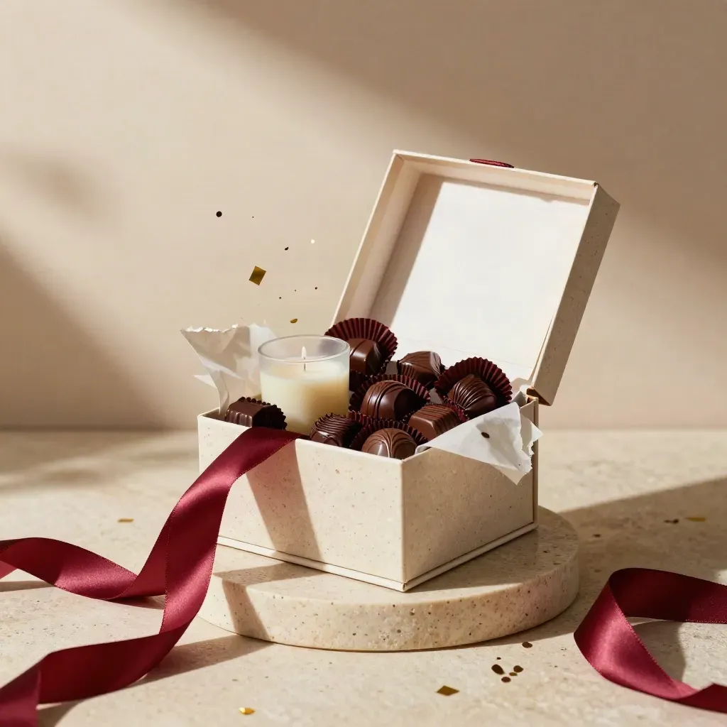 Presentbox med choklad, ljus, band och kort på ljus sten, burgundyrött och konfetti.
