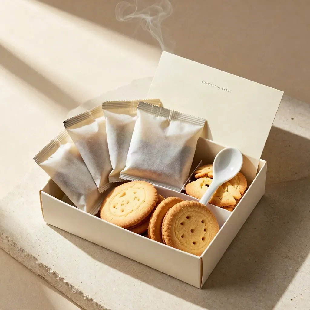 Toppvy av en öppnad te- och kakbox med tekakor, fem tepåsar och en liten sked på ljus sten.