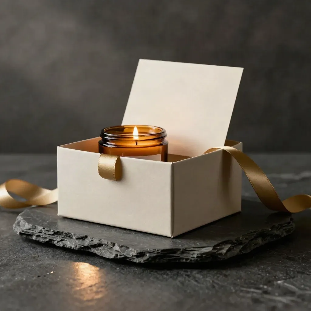 Presentbox med doftljus, kort och guldband på mörk sten i dramatisk studio.