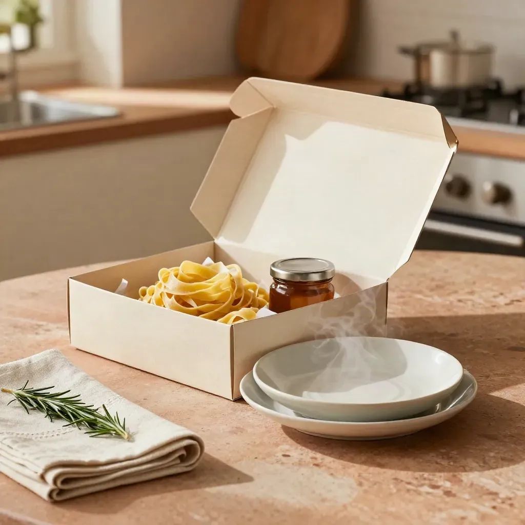 Öppen Middag hemma-box för två med pasta, såsburk och servetter i varmt köksljus
