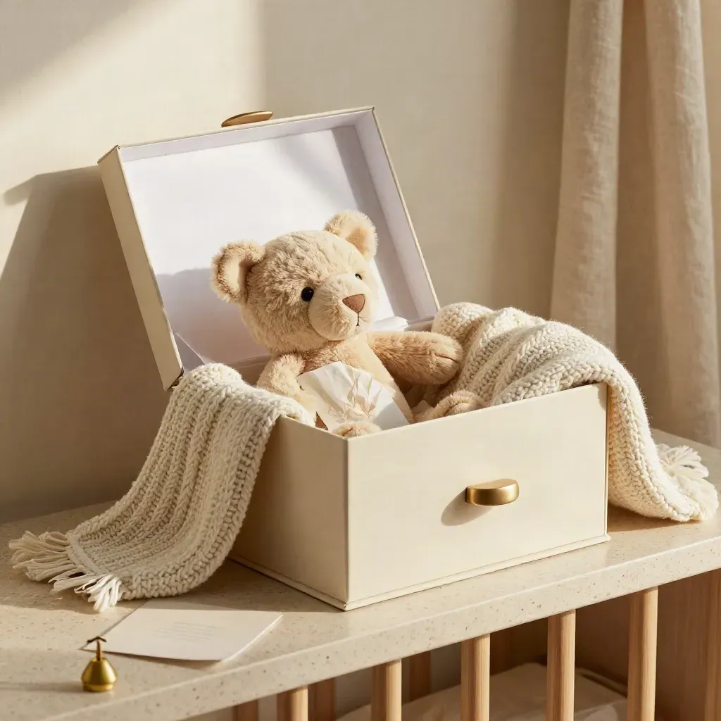 Babybox med mjukisdjur, filt och kort på ljus stenbakgrund.