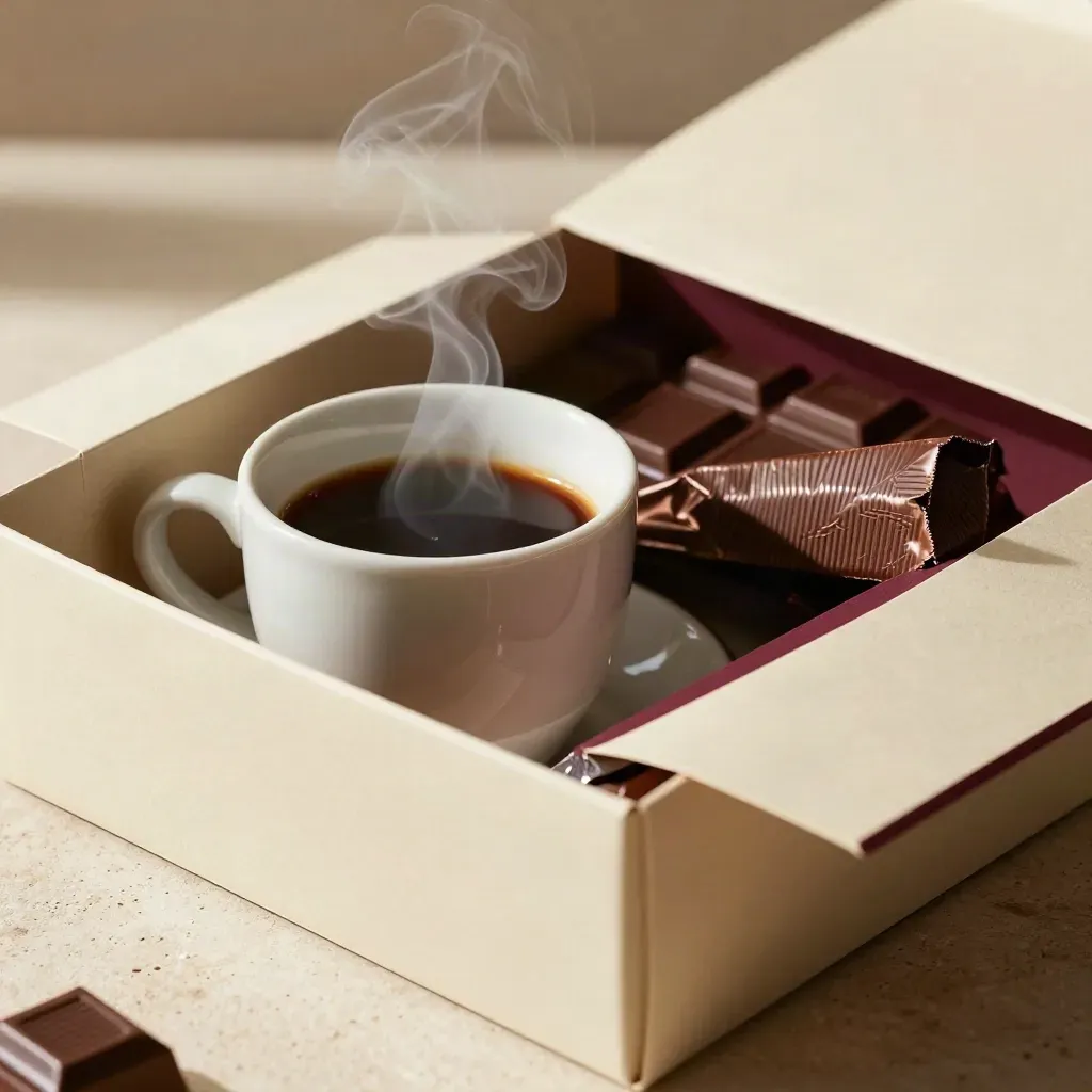 Närbild av en studentpresent med kaffekopp, choklad och vikt kort i varm belysning.