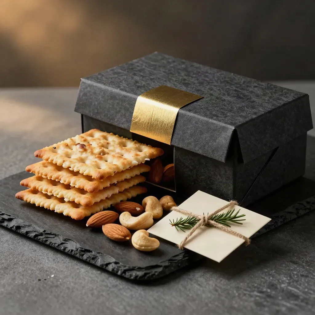 Värdinnabox med kex, nötter och ett inslaget kort i dramatisk studiobelysning.