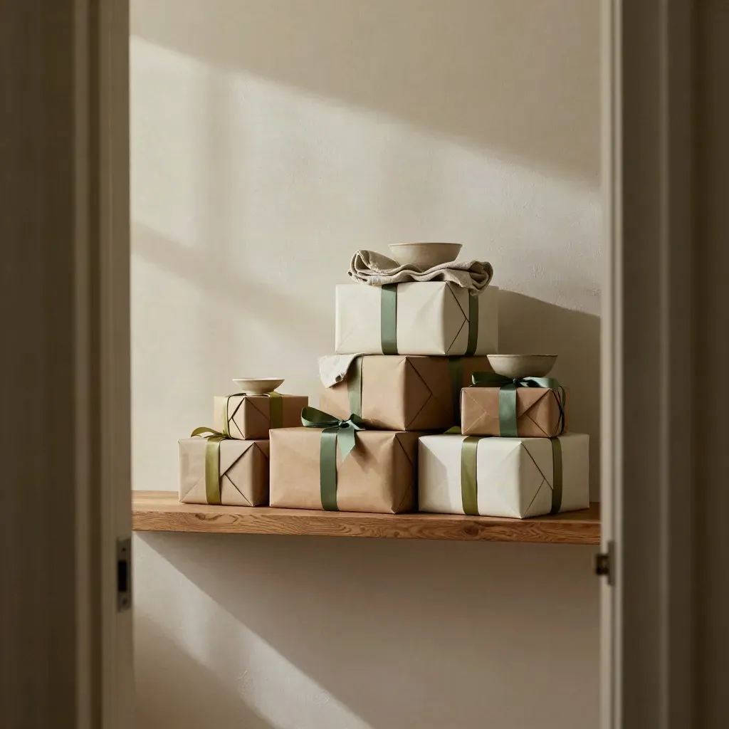 Ljust interiör med inslagna presentboxar vid fönster, hylla i ek och lugn tom golvyta.